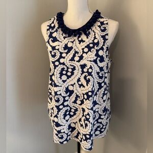 BODEN shirt top tank sleeveless Pom-Pom tassel geometric print blue 10 NWT